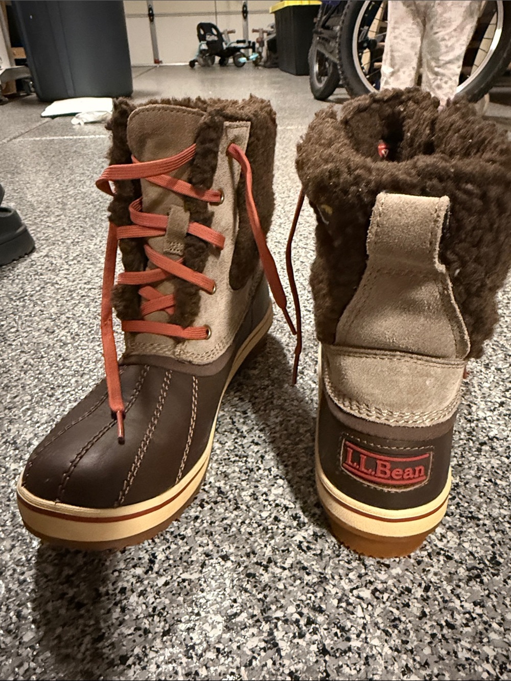 L.L. Bean Brown and Tan Sherpa-Trim Duck Boots with Red Laces